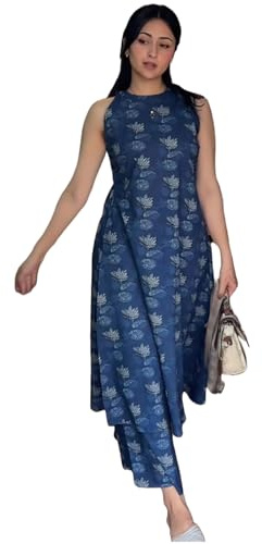 GoSriKi Ensemble Kurta en coton pour femme | Ensemble élégant pour femme | Kurta trapèze imprimé avec pantalon | Ensemble de cordons pour femme élégant, bleu, M