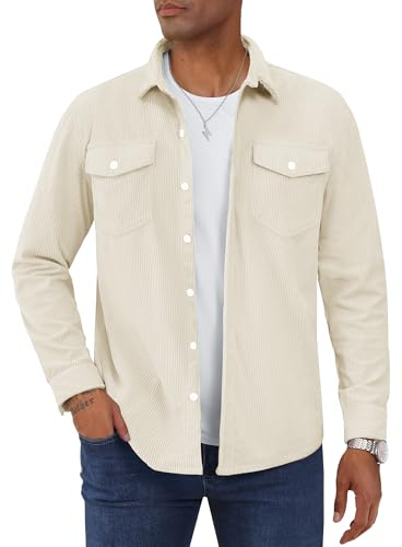 TACVASEN Corduroy Camicia da uomo a maniche lunghe, giacca primaverile fit Button Up con tasca a portafoglio, beige., M