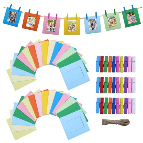 chuanhylis 30 Pezzi Cornice di Carta per Foto, 9x9,5cm Cornici Portafoto in Cartone con 30 Pinze Colorate e 3 Rulli di Corda di Lino, Diy Cornice di Carta per Famiglie, Scuole, Feste