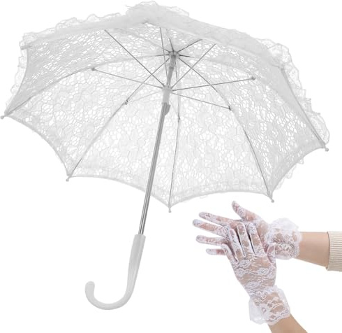 Lace Umbrella and Gloves Set Vintage Embroidery Parasol Photo Props White