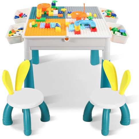 Peviasot Mesa para niños, mesa de construcción para niños con 2 sillas, mesa de juego con 251 bloques de construcción, altura regulable, grupo de asientos para niños, mesa multifuncional con espacio