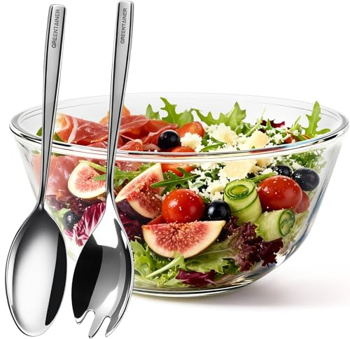 Greentainer Glass Salad Bowl with Stainless Steel Fork & Spoon, Large Mixing Bowl 4.25L Salad Serving Bowl for Baking, Cooking, Prepping & Food Prep, Dishwasher & Microwave Safe