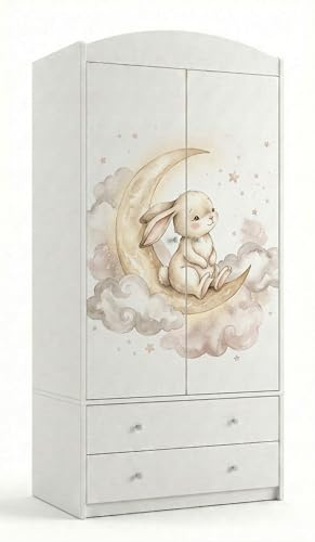 Happy Babies Armadio per bambini con motivo incantevole – Armadio a 2 ante per cameretta con 2 cassetti, asta appendiabiti e ripiani, bianco (88x187x54 cm) (nr 395)