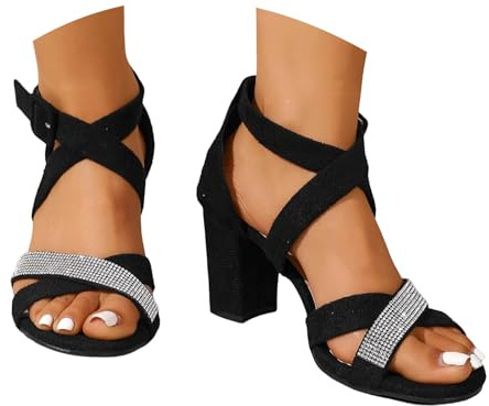 Générique Sandales à talons hauts à brides et bout ouvert avec strass, plateforme confortable pour pieds larges, chaussures d'été élégantes pour soirées et mariages (Black, 43)