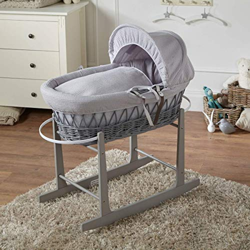 For Your Little One FYLO Moses Basket Grey Waffle Grey Wicker with Rocking Stand
