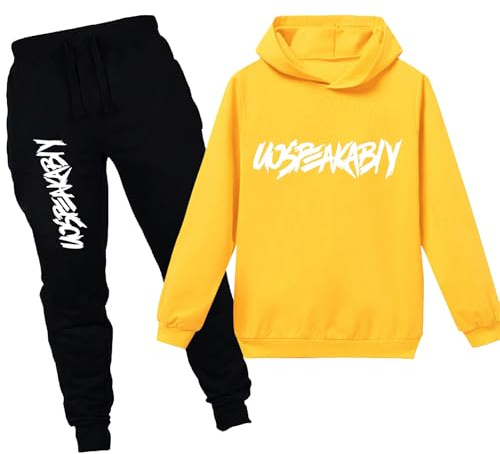 amropi Ragazzi 2 Pezzi Abbigliamento Set Tuta Felpa con Cappuccio e Jogging Pantaloni (Giallo,8-9 Anni)