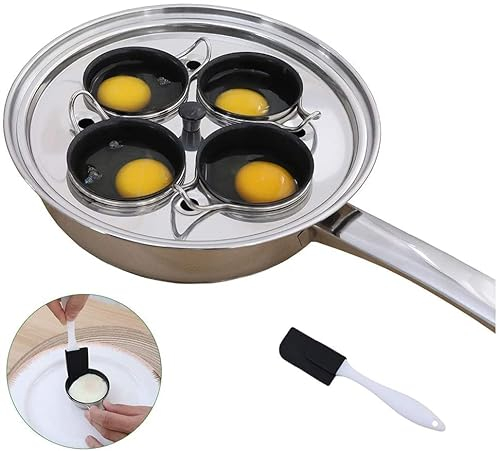 Pocheuse à œufs 4 tasses - Cuiseur en acier inoxydable - Plaque de cuisson à induction - Batterie de cuisine avec 4 coquetiers antiadhésifs sans PFOA et spatule en silicone