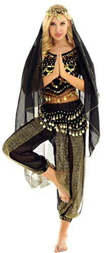 YEAHDOR Costume da Danza del Ventre per Donna con Paillettes Abito da Ballo Indiano Costume da Arabo Principessa 4 PCS con Molti Accessori Halloween Carnevale Cosplay Nero Taglia Unica