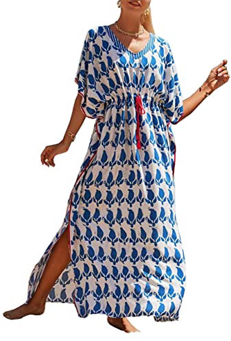Bsubseach Plus Größe Kaftane für Frauen Lange Kaftan Kleider Badeanzug Cover Up mit Taille Kordelzug Blau Weiß