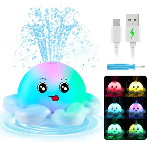 Gigilli Octopus Bath Toys, Rechargeable Light Up Bath Toys Sprinkler Bathtub Toys for Toddlers Infant Kids Boys Girls Automatic Spray Water Baby Toy, Pool Bathroom Baby Toys Birthday Gifts, Blue