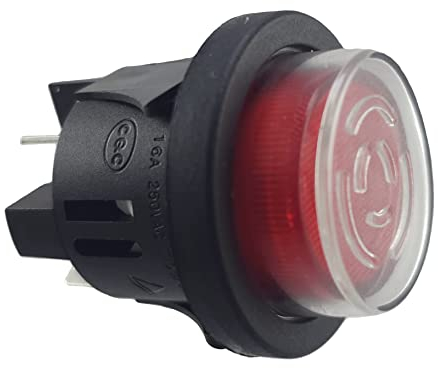 Druckschalter PS18-16 mit Wasserdichte Abdeckung, Einbau ø 25mm 250V 16A rot, beleuchtet push-EIN push-AUS, Flachstecker 6,3mm