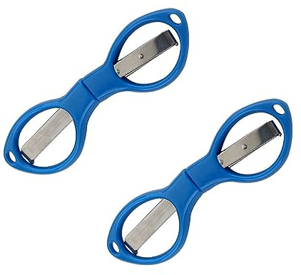 2 forbici pieghevoli piccole, in acciaio inox, a forma di occhiali, forbici di sicurezza pieghevoli con foro per portachiavi, per casa, scuola, ufficio, blu