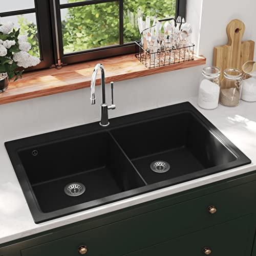 Homgoday Lavandino Cucina Granito Nero Doppio con Montaggio sopra, Lavandino Piccolo Bagno, Tappo Lavandino Bagno, Lavandini, Filtro Lavandino Bagno, Tappi Lavandino Bagno, Scarico Lavandino A Mobili