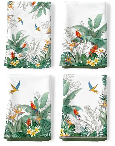 Arquiel Tropiska blad kökshanddukar, 100 % bomull kökshanddukar, set med 4 | 48 x 70 cm/18,9 x 27,5 tum, lätt vävd disktrasa med tropiskt bladtryck för sommar köksdekor, värdinna gåva