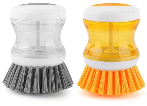 2 Pcs Soap Dispensing Dish Brush, Dish Brush 2 in 1 Multifunctional Pressing Cleaning Brush, Washing up Brush with Liquid Dispenser, Kitchen Brushes for Dishes, Pot Pan Sink Cleaning