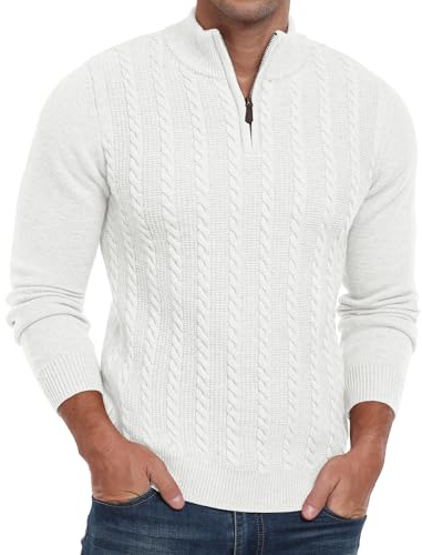 Hisir Mens Quarter Zip Jumper Cable Knit Crew-Neck Sweater Long Sleeve Jumpers Causal Pullover Winter for Men (White, L)