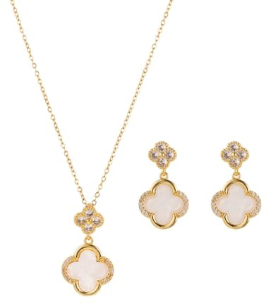 AOWVUTS Ensemble de Bijoux Trèfle à Quatre Feuilles pour Femmes Plaqué Or 18 Carats Acier au Titane Trèfle à Quatre Feuilles Pendentif Collier Boucles D’oreilles Set Mariage Cadeau Parure (B)