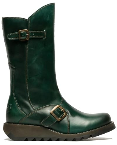 Infinity Leather Botas de Plataforma de Cuero con Cremallera y Tacón de Cuña MES 2 de FLY Para Mujer, Color Verde, con Hebilla y Media Pantorrilla
