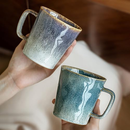 Hosoncovy Keramisk kaffemugg uppsättning av 2, glaserad kontrastfärg tekopp dryckeskopp par presentmugg (400 ml)