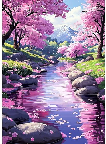 MAXBYE Cherry Blossom Diamond Painting Kits, Diamond Art Kits for Adults | 5D DIY Stream Gem Art Cross Stitch for Beginner, Diamond Painting Full Drill Crystal Craft Gifts Home Wall Decor 30x40cm