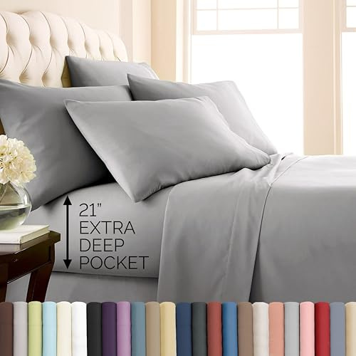 Southshore Fine Living, Inc. 6 Piece, 21 Inch Extra Deep Pocket Sheets Queen Set, Wrinkle Free Microfiber, Grey Deep Pocket, Full Elastic Fitted Sheet, Oversized Flat, 4 Pillow Cases, Steel Grey