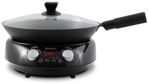 Nuwave Mosaic Induction Wok, Precise Temp Controls from 100°F to 575°F in 5°F, Wok Hei, Infuse Complex Charred Aroma & Flavor, 3 Watts 600,900 & 1500, Authentic 14-inch Carbon Steel Wok Included,Black