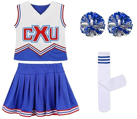 LOLANTA Déguisement Pompom Girl Fille, Costume Cheerleader avec Pompons et Chaussettes, pour Halloween, Carnaval, Bleu, 6-7 ans, 130