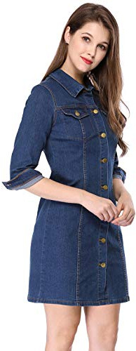 Allegra K Vestido Camisero de Mezclilla con Botones de Manga 3/4 para Mujer, Azul, 40, Azul, 40