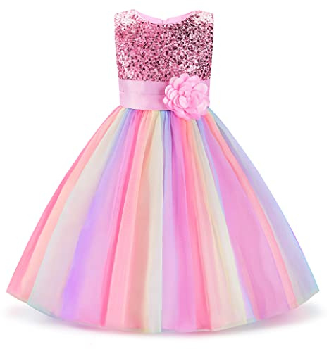 Uhnice Vestido Niña Princesa de Tul con Lentejuelas Arcoíris, Vestido de Dama de Honor para Boda Fiesta Cumpleaños
