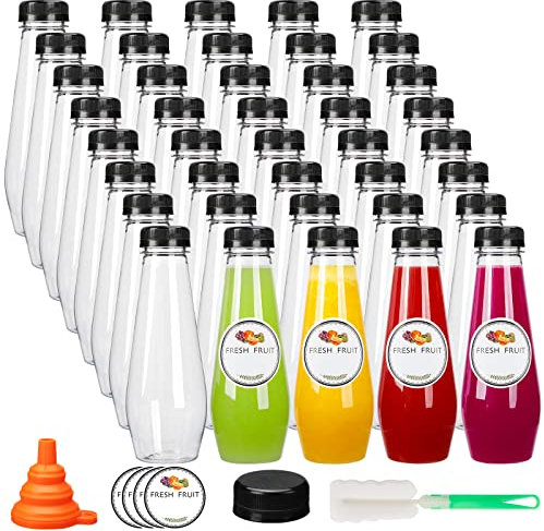 Moretoes 40pcs 12oz Juice Bottles, Empty Plastic Juicing Bottles with Caps, Cone Reusable Clear Bulk Beverage Containers for Juicing, Drinking, Milkshake, Tea and Other Beverages