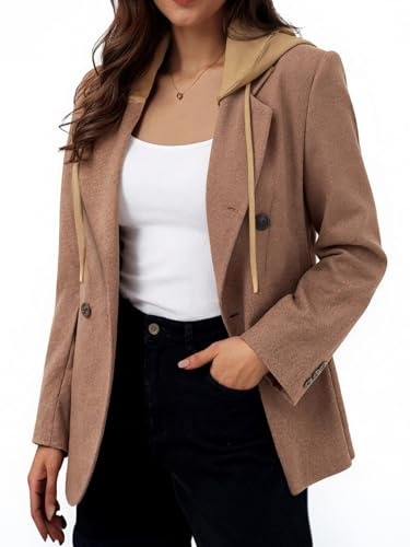 Mina Self Tweed Blazers for Women Double Breasted Hoodies Long Jacket Blazers for Women Business Casual Wool Fashion Dressy Tops Coat Hooed Fall Winter Outfits Clothes 2024 Brown M