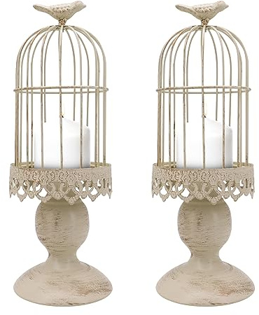 Portavelas de jaula de pájaros vintage, paquete de 2 portavelas decorativos para el hogar, sala de estar, decoración de boda (marfil)