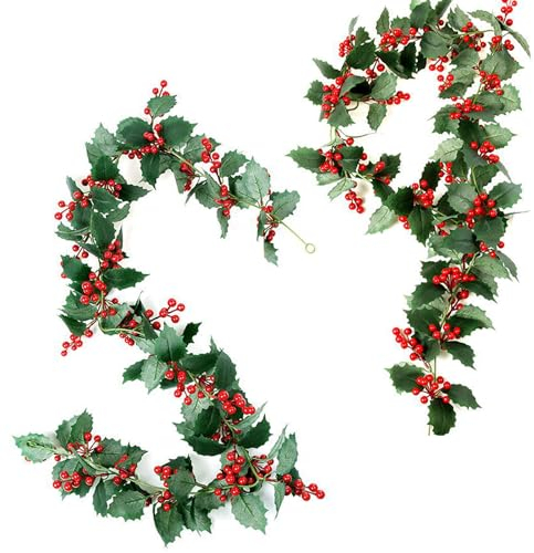 2 Pezzi Bacca Natale Ghirlanda, Natalizio Ghirlande Artificiale 2 Metri Lunga Ghirlanda Bacche Natalizia Agrifoglio per Natale Camino Scale Decorazione Tavolo Capodanno