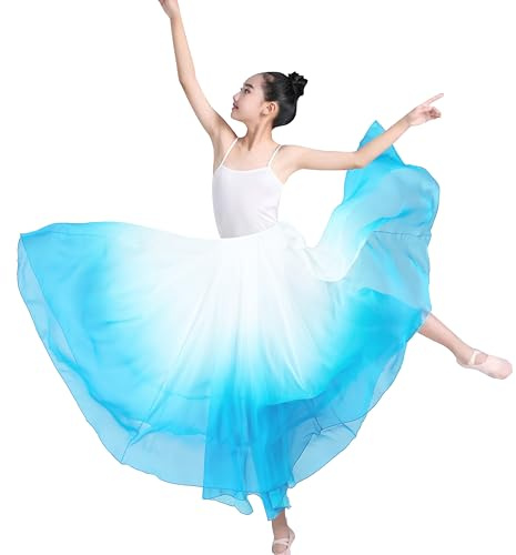 TLMNU Children's Lyrical Dance Skirt Gradient Color Chiffon Long Swing Sheer Wrap Skirts for Modern Ballet 01-Lakeblue,White M