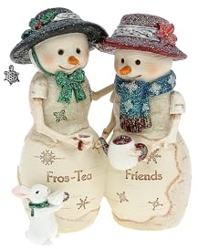 Pavilion Gift Company - Fros-Tea Friends - 4.5 Hand Painted Resin The BirchHearts Collectible Double Snowman Figurine Decorative Holiday Christmas Decor Statue Bunny Rabbit Tea Lover