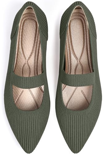 TINGRISE Women's Flats Shoes Pointed Toe Knit Washable Ballet Comfortable Dressy Mary Jane Flat Green US9