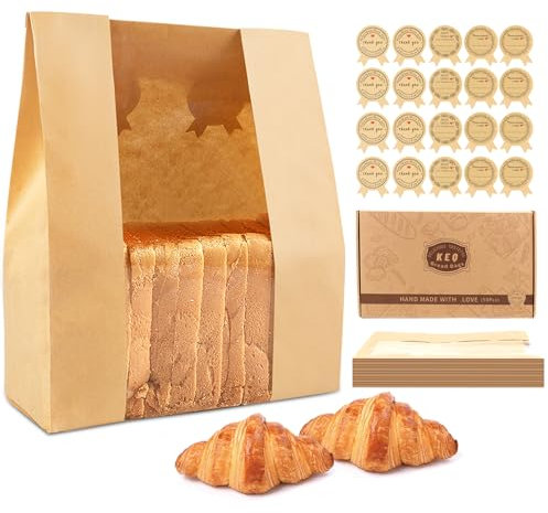 KEQ Bread Bags for Homemade Bread-Paper Bread Bag with Window-100 Pcs Sourdough Bread Bags with 120 Cute(20 Write-On) Sealing Stickers-Large Bakery Bags for Home Bakers & Bakery Owners