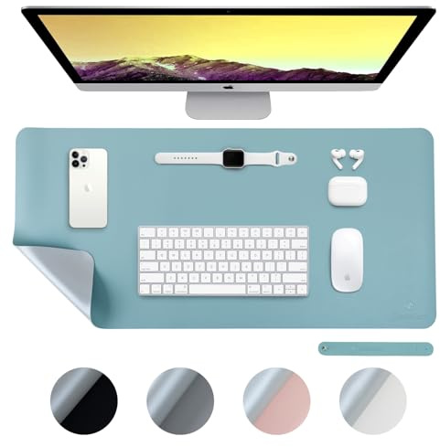 Desiretech Reversible Office Desk Mat Large, Dual-Sided, Waterproof Faux Leather Table Surface Protector Desk- Laptop Mat & Mouse Pad for Home & Office - 43 x 89cm (Light Blue/Silver)