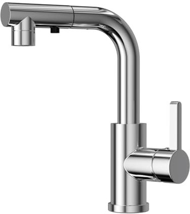 Wasserhahn Küche, SEMANEY Hochdruck Küchenarmatur Ausziehbar, Einhand Spültischarmatur Küche mit Zwei Strahlarten Brause, L Form Mischbatterie Armatur Küche 360° Schwenkbar, Chrom