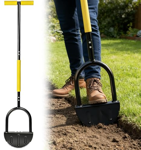 Lawn Edger Tool, 110cm Long Handled Half Moon Edger with Serrated Saw-Tooth Blade, T-Grip Manual Garden Edging Tool for Grass, Borders, Sidewalks and Landscaping - Heavy Duty Rustproof Steel