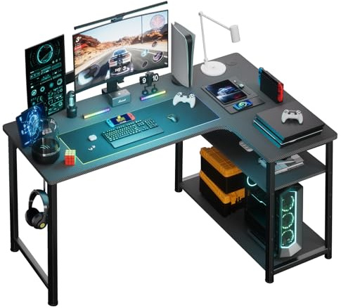 COMHOMA Bureau Gaming en Forme de L, Bureau d’Angle avec Étagères Rangement, 100L*80P*74H, pour Jouer, Travailler