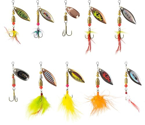 10PCS Spinner Bait Set,Fishing Lures Set Multi Coloured Metal Fishing Spinners Lures Baits with Rotating Spinners Treble Hooks Fish Lure Kit for Trout Pike Bass Salmon Freshwater and Saltwater Use