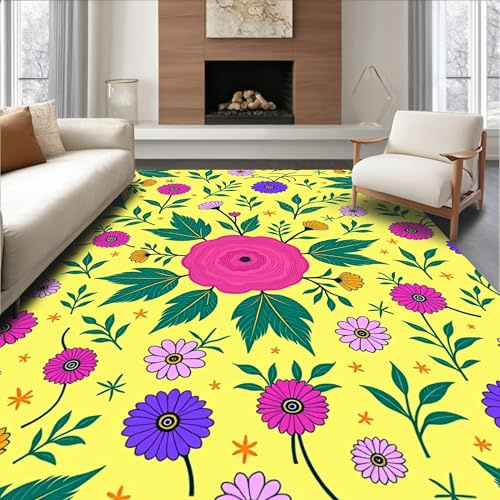 Low Pile Flatwoven Area Rug 5x7, Beginner Friendly Latch Hook Cushion Kit Floral Garden Needlecraft, Machine Washable, Stain Resistant Indoor Rug for Living Room, Bedroom, Non Slip(Yellow, 5x7)