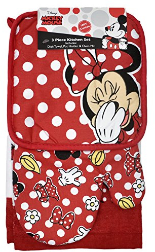 Disney Oven Mitt Pot Holder & Dish Towel 3 pc Kitchen Set (Minnie Mouse Red)