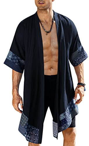 COOFANDY Herren Baumwolle leinen Cardigan Kimono-Art Poncho-umhang vorne offen Cape klein Marine blau