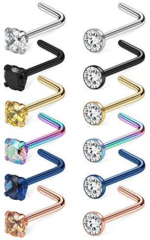 Cisyozi 18G Nose Rings Stud for Women Stainless Surgical Steel Nose Ring 18 Gauge L Shaped Bend Curved Nose Nostril Ring Stud Nose Piercing Jewelry Men Diamond silver Black Rose Gold Coloful Rainbow
