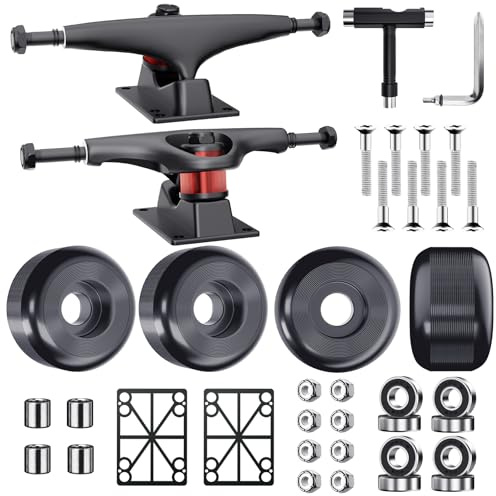 Jizmo Skateboard Trucks, Fits 7.75-8 Deck, Wheels 52mm, Bearings ABEC-9, Skateboard Pads, Hardware Tool Combo Starter Set - Black