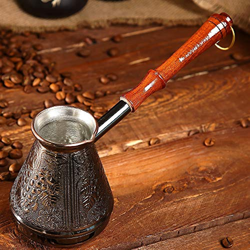 AEVVV Cafetera Turka de cobre de 10 onzas – Cafetera turca Cezve de cobre de 300 ml – Adorno de uvas grabado Ibrik – Mini cacerola con boquilla y mango de madera