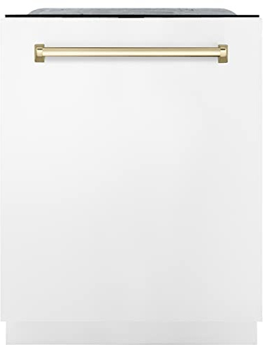 ZLINE Autograph Edition 24 3rd Rack Top Touch Control Tall Tub Dishwasher in White Matte with Gold Handle, 51dBa (DWMTZ-WM-24-G)