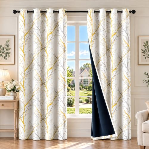 FMFUNCTEX Thermal Blackout Eyelet Curtains Bedroom 90 Inch Drop Yellow Grey | Room Darkening Window Curtains 2 Panels for Living Room, Yellow on White Branch Pattern Drapes, Noise Reducing, 52W x 90L